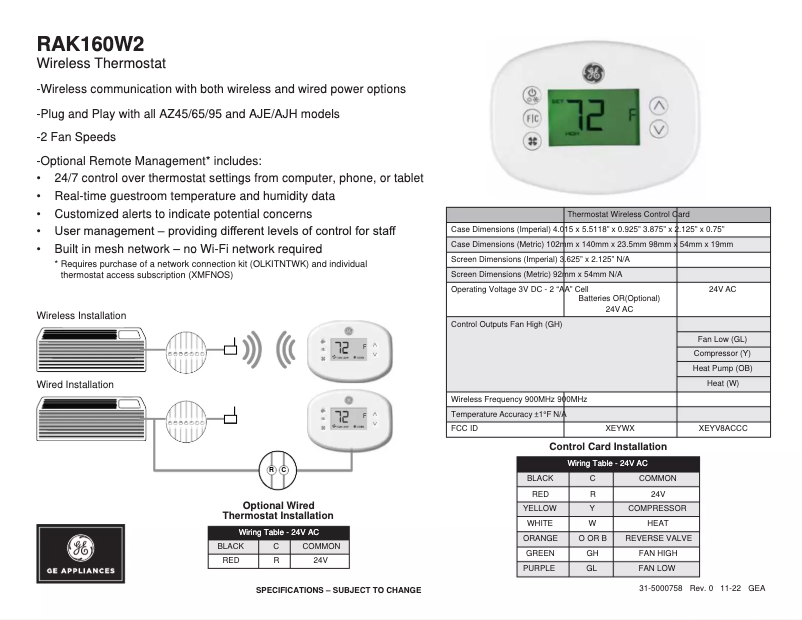 Page n°1 - Fiche technique GE RAK160W2