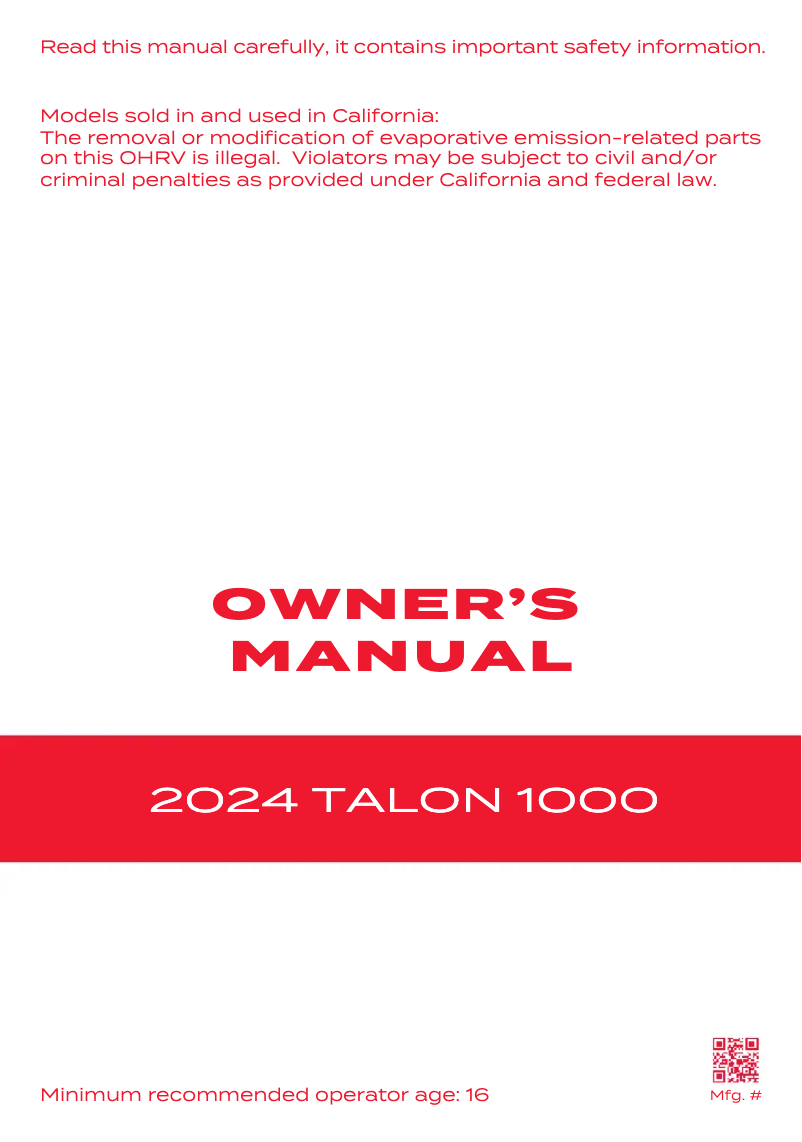 Image de la première page du manuel de l'appareil Talon 1000R (2024)