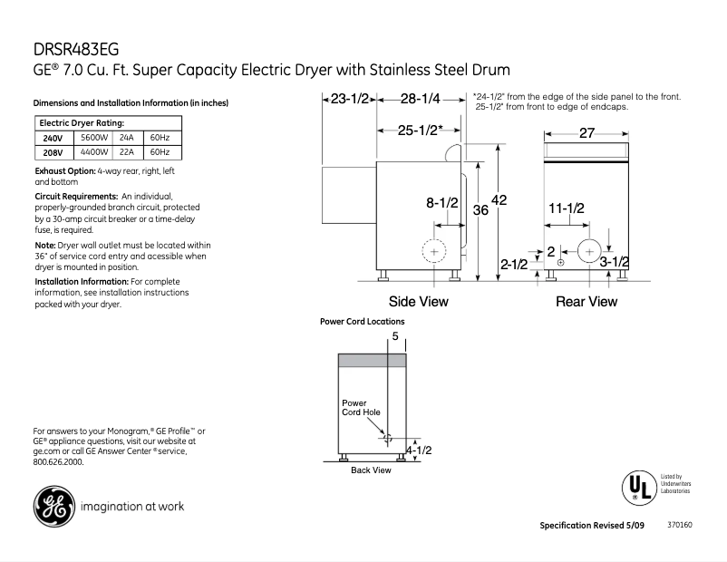 Page n°1 - Fiche technique GE DRSR483EGWW
