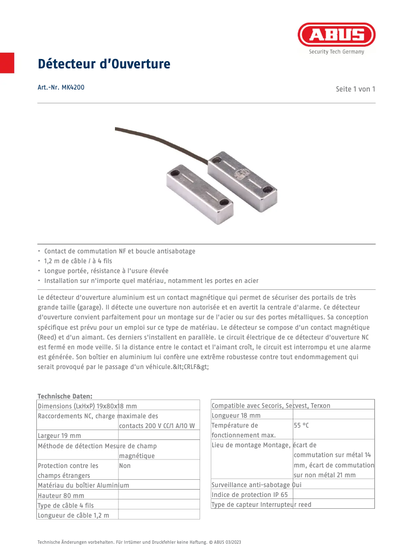 Page n°1 - Fiche technique Abus MK4200