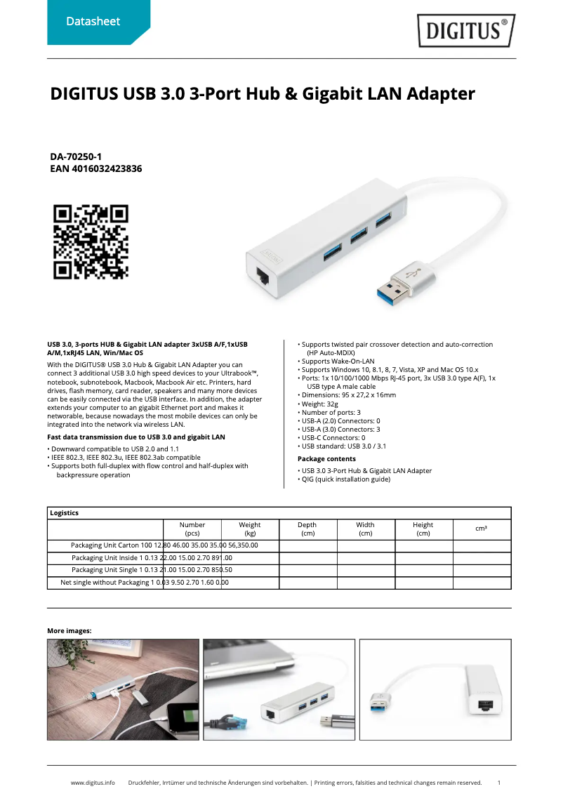 Page 1 de la notice Fiche technique Digitus DA-70250-1