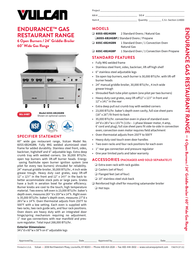 Page 1 de la notice Fiche technique Vulcan 60SC-6B24GB