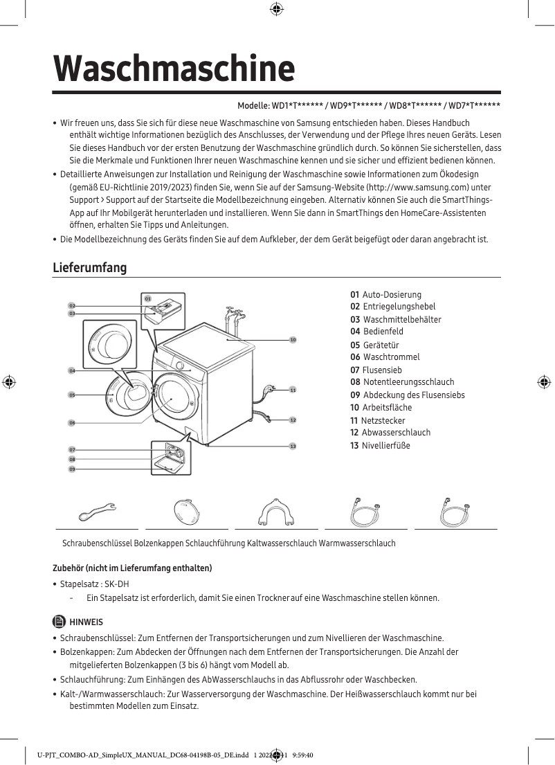 Page 1 de la notice Manuel utilisateur Samsung WD91T984ASH