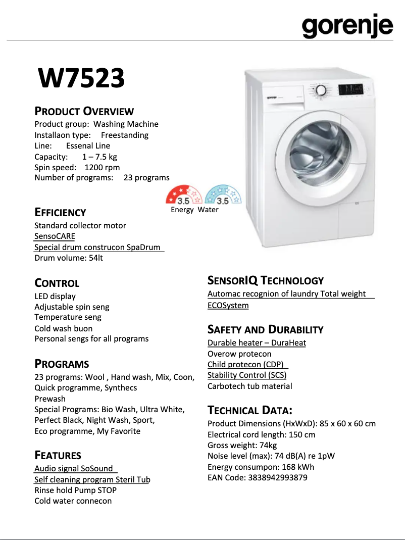 Page n°1 - Fiche technique Gorenje W7523