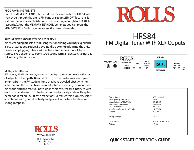 Page n°1 - Manuel utilisateur Rolls HRS84