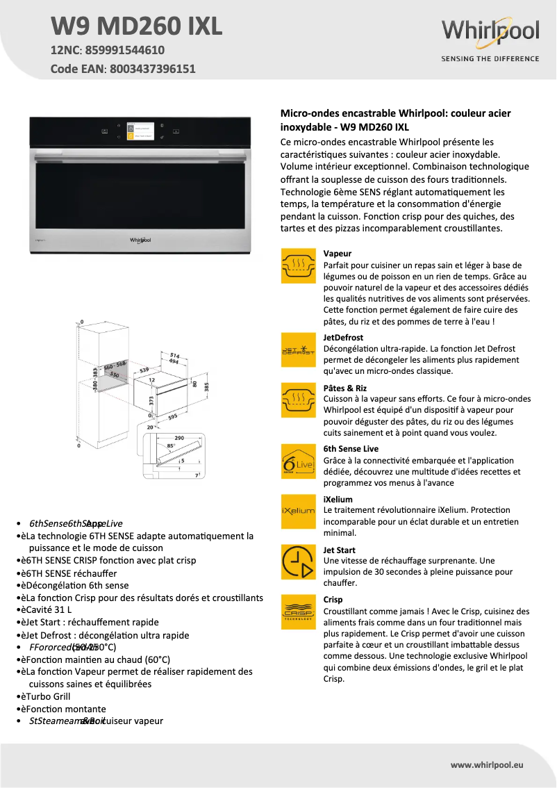 Page 1 de la notice Fiche technique Whirlpool W9 MD260 IXL
