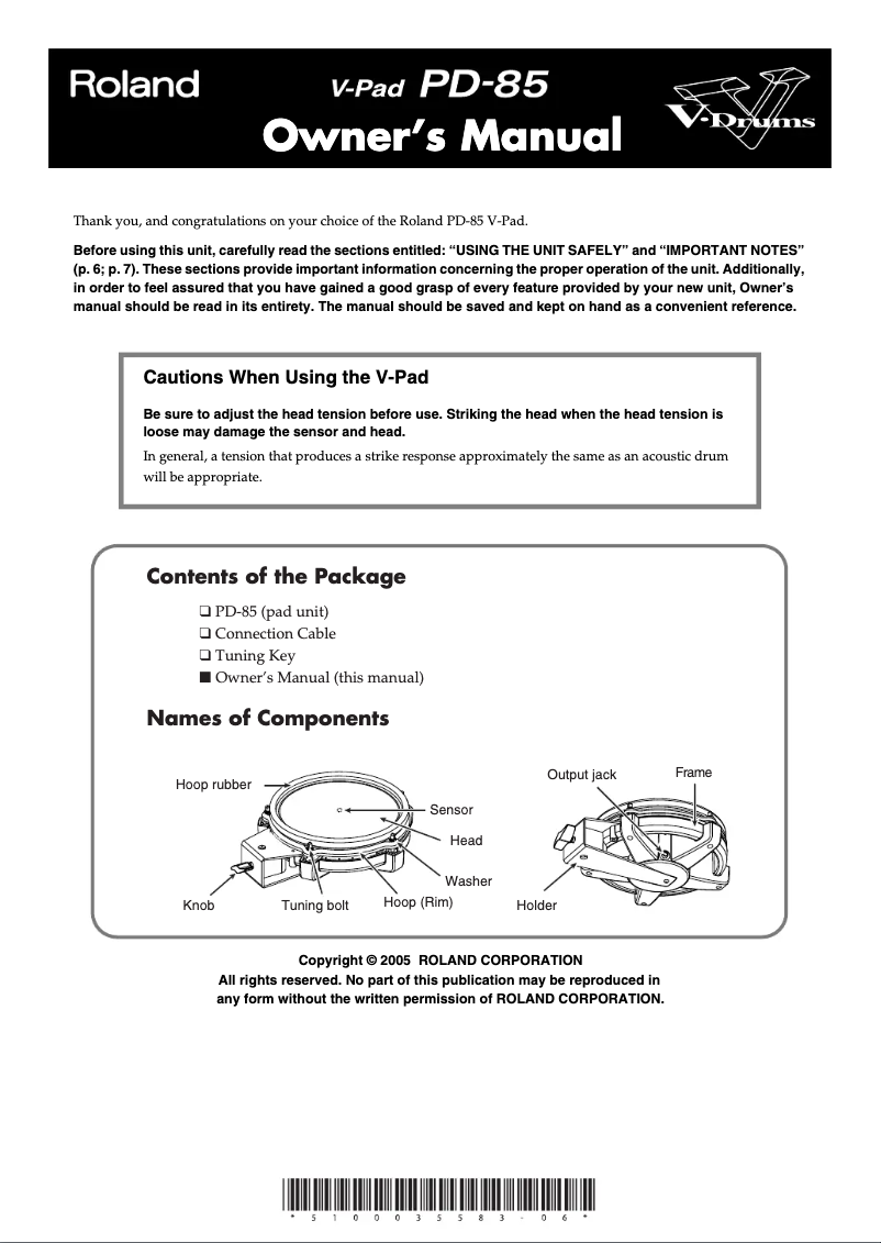 Page 1 de la notice Manuel utilisateur Roland PD-85