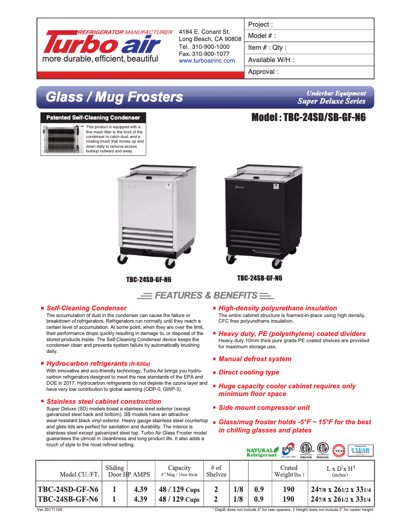 Page 1 de la notice Fiche technique Turbo air TBC-24SB-GF