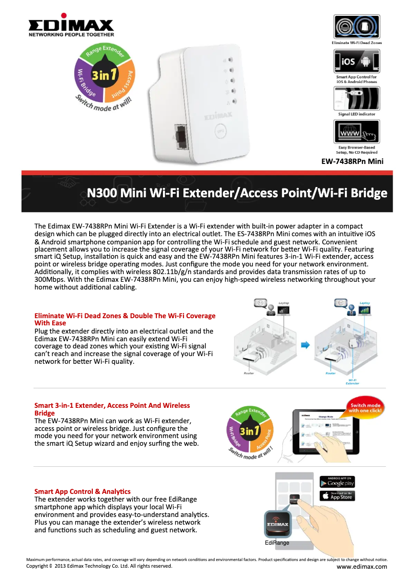 Page 1 de la notice Fiche technique Edimax EW-7438RPn Mini