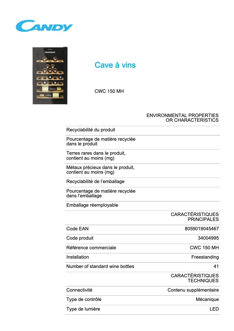 Page 1 de la notice Fiche technique Candy CWC 150 MH