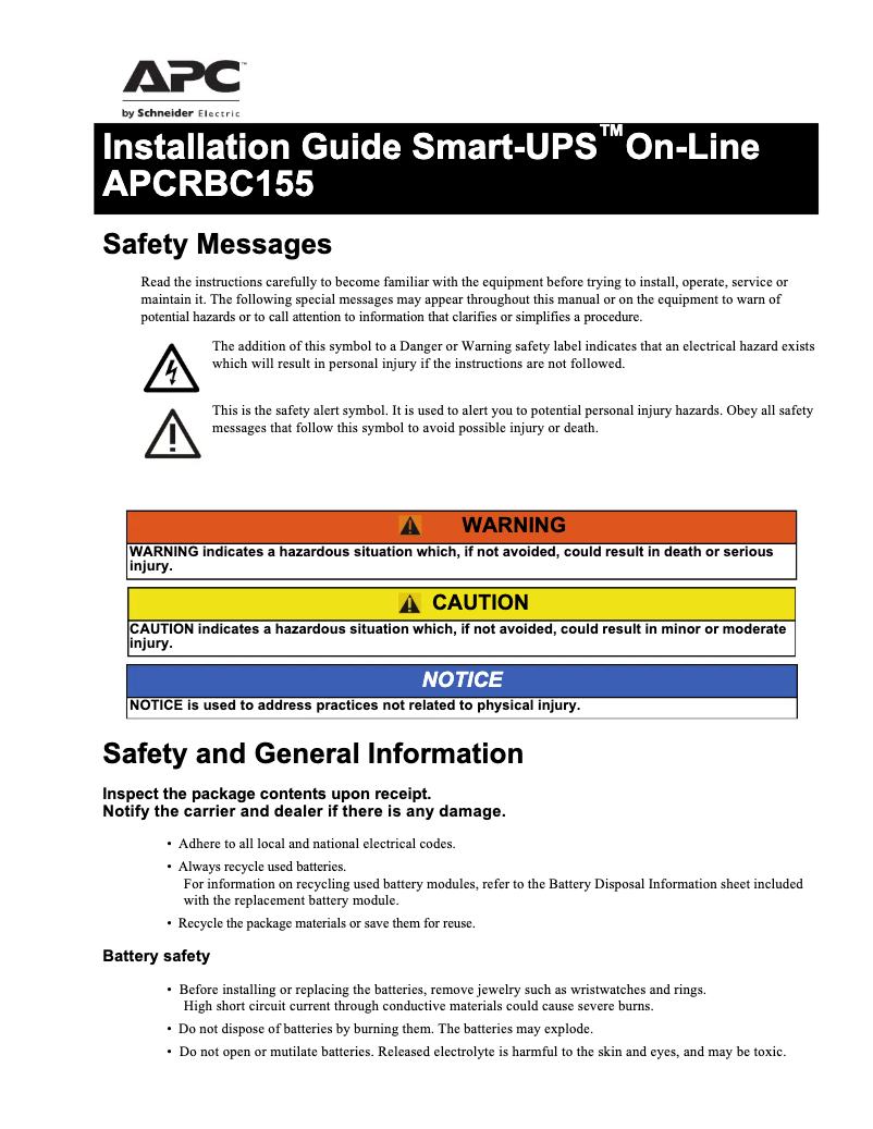 Page n°1 - Manuel utilisateur APC APCRBC155