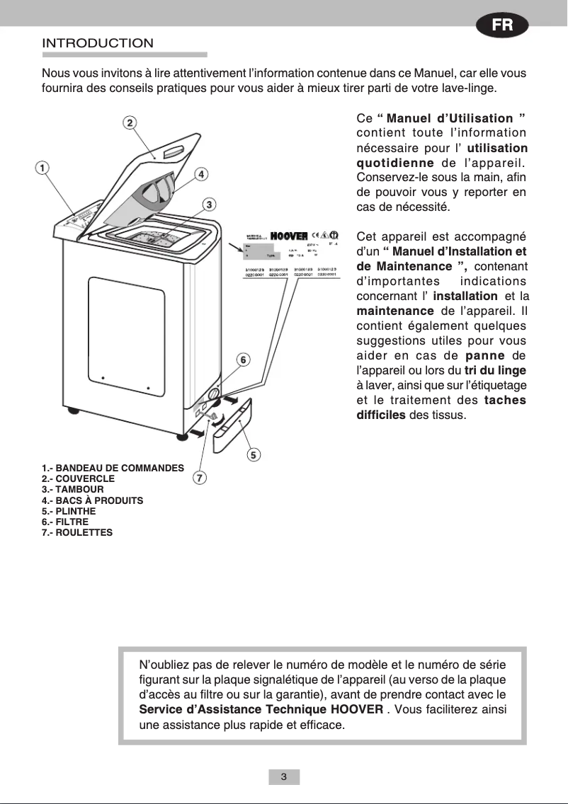 Page 1 de la notice Manuel utilisateur Hoover HTC 203FR