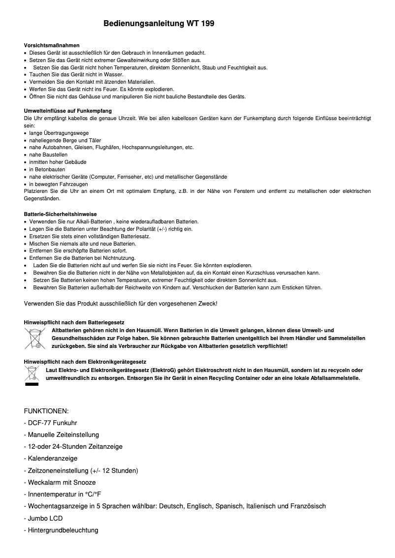 Page 1 de la notice Manuel utilisateur Techno Line WT 199