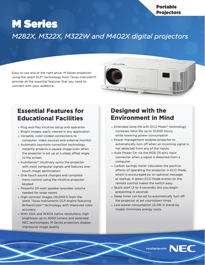 Page 1 de la notice Fiche technique NEC NP-M322W