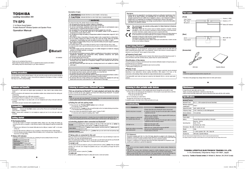 Page n°1 - Manuel utilisateur Toshiba TY-SP3