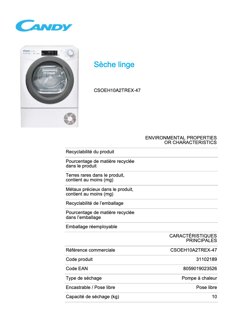 Page 1 de la notice Fiche technique Candy CSOEH10A2TREX-47