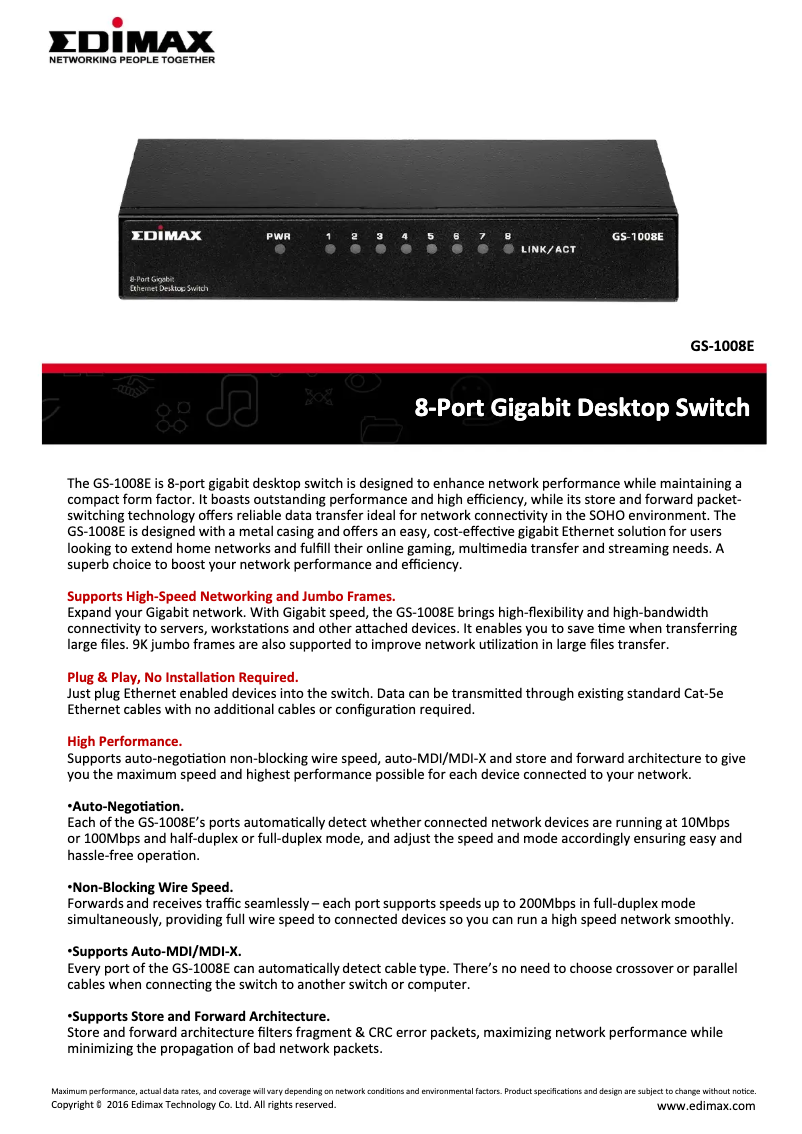 Página 1 del manual Ficha técnica Edimax GS-1008E