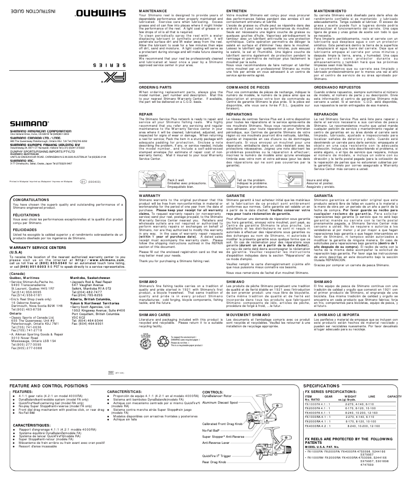 Page 1 de la notice Manuel utilisateur Shimano FX 4000RA