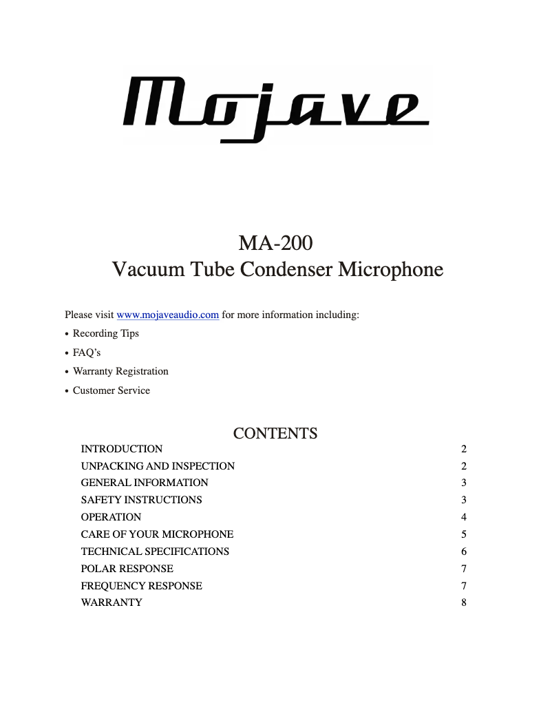 Page n°1 - Manuel utilisateur Mojave MA-200
