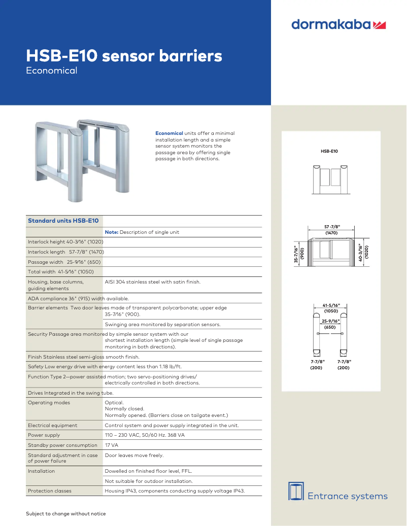 Page 1 de la notice Manuel utilisateur Dormakaba HSB-E10