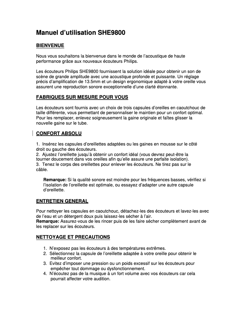 Page 1 de la notice Manuel utilisateur Philips SHE9800