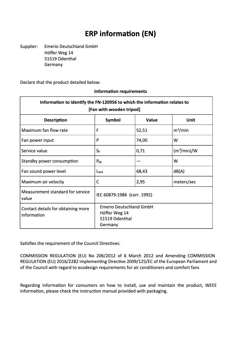 Page 1 de la notice Fiche technique Emerio FN-120956
