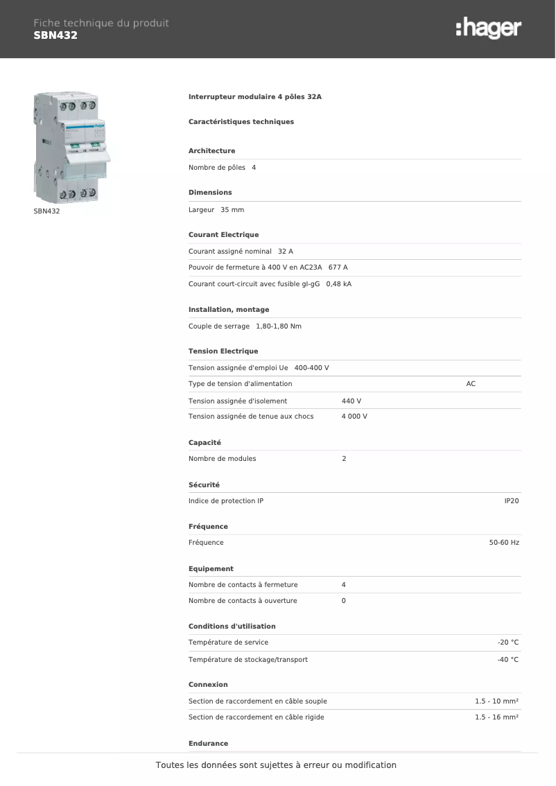 Page 1 de la notice Fiche technique Hager SBN432