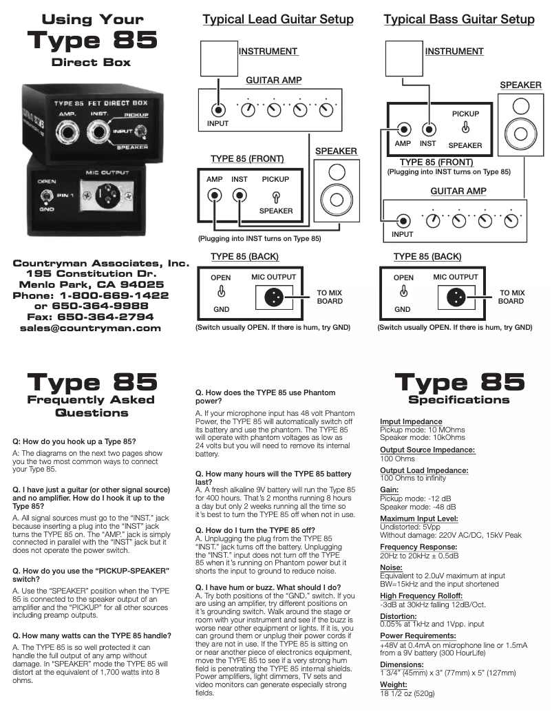 Page 1 de la notice Manuel utilisateur Countryman Type 85