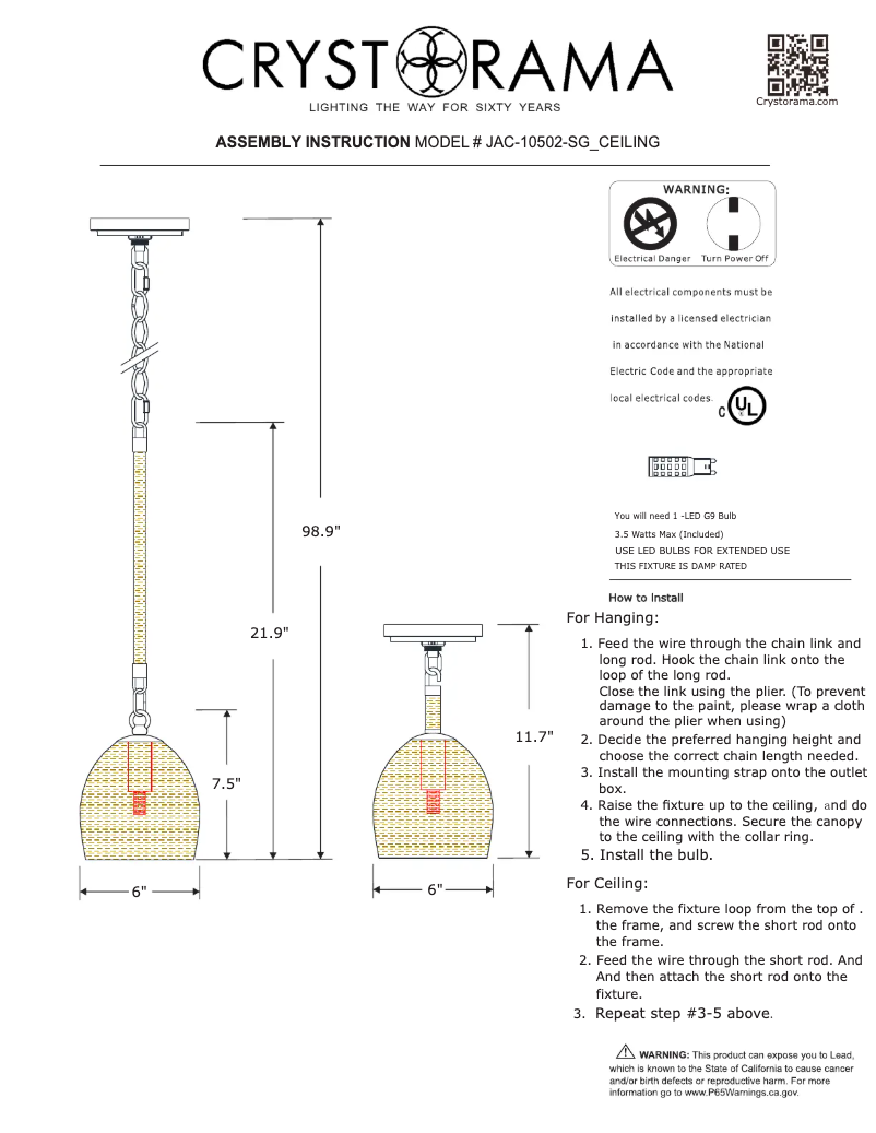 Página 1 del manual Manual de usuario Crystorama Jace JAC-10502-SG_CEILING