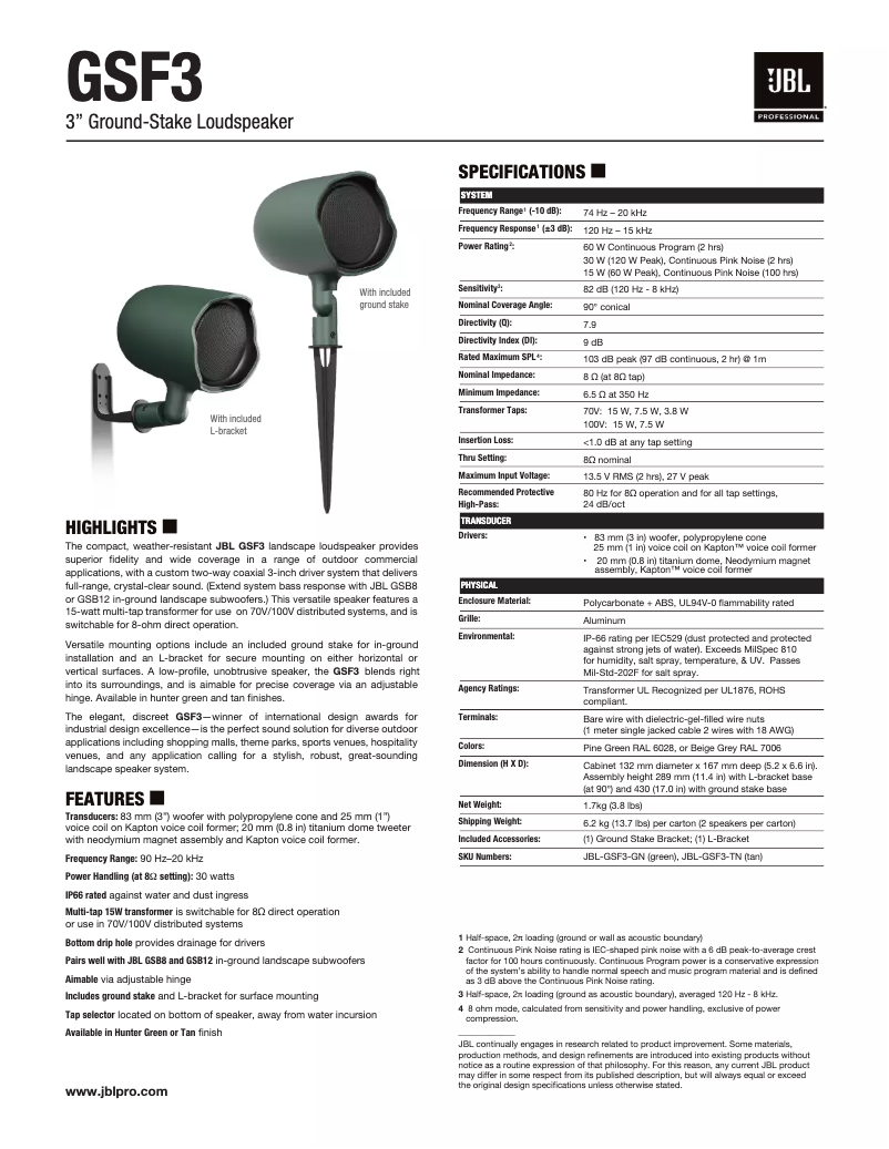 Page 1 de la notice Fiche technique JBL GSF3
