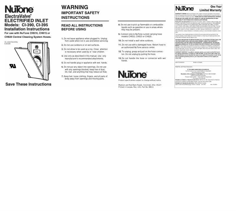 Page n°1 - Manuel utilisateur NuTone CI390W