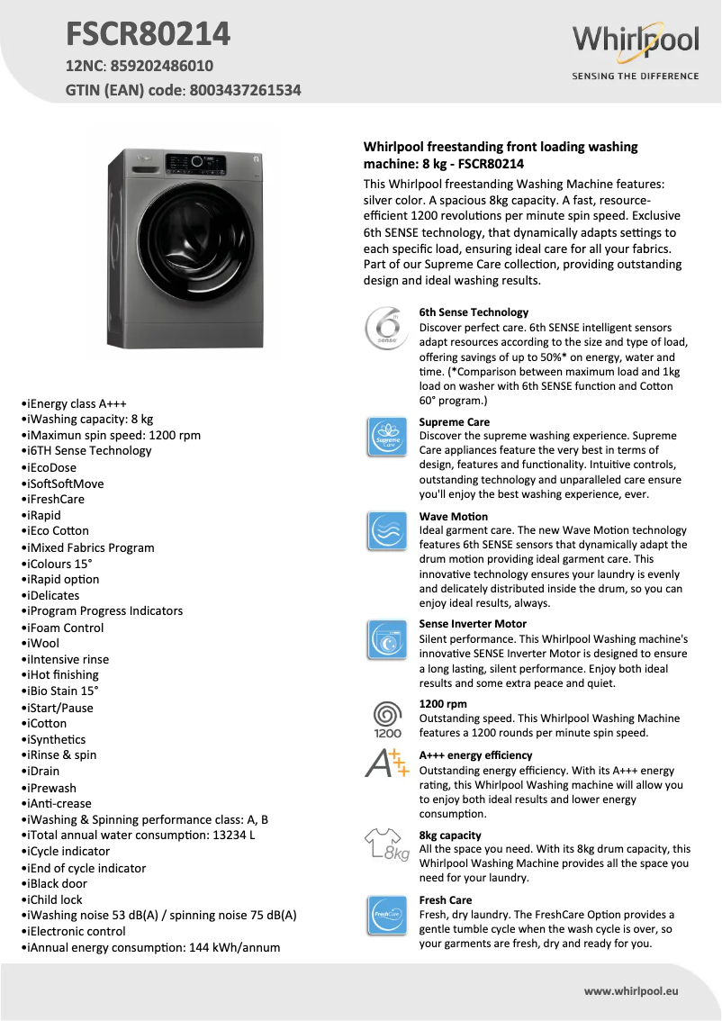 Página 1 del manual Ficha técnica Whirlpool FSCR80214