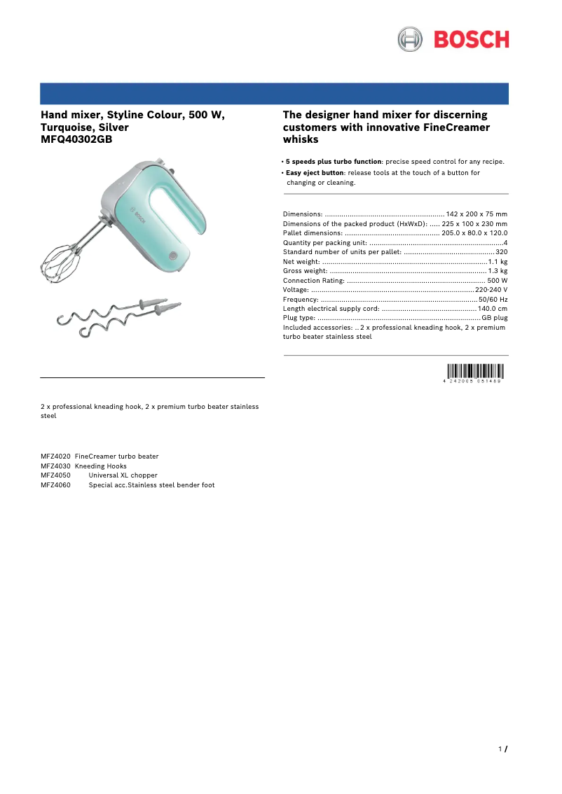 Page n°1 - Fiche technique Bosch MFQ4030