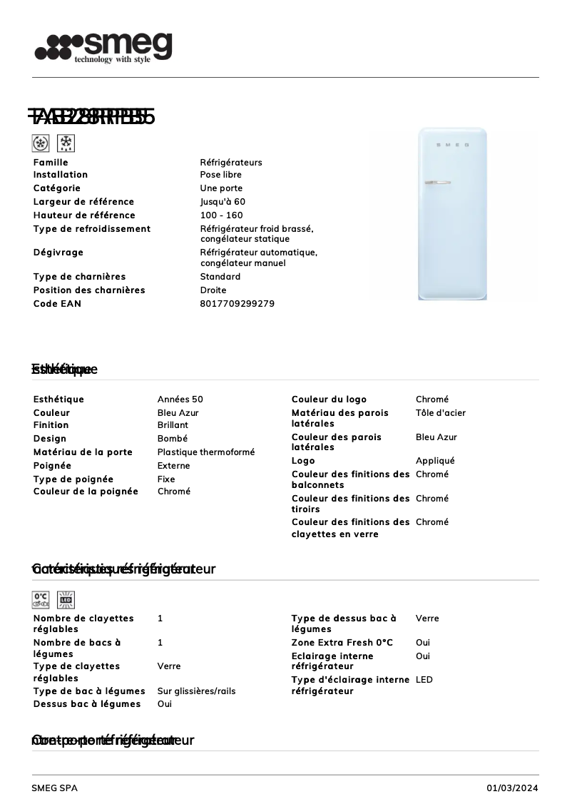 Page 1 de la notice Fiche technique Smeg FAB28RPB5