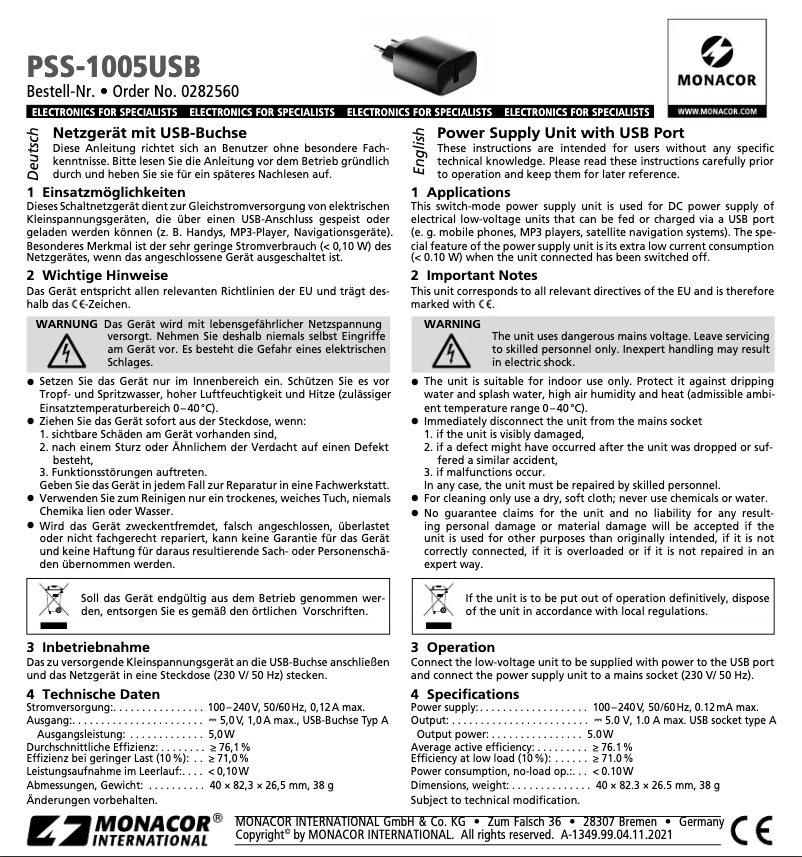Page 1 de la notice Manuel utilisateur Monacor PSS-1005USB