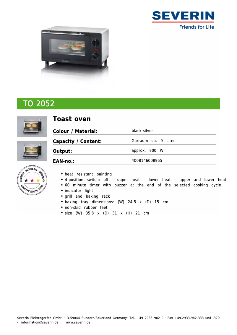 Page n°1 - Fiche technique Severin TO 2052