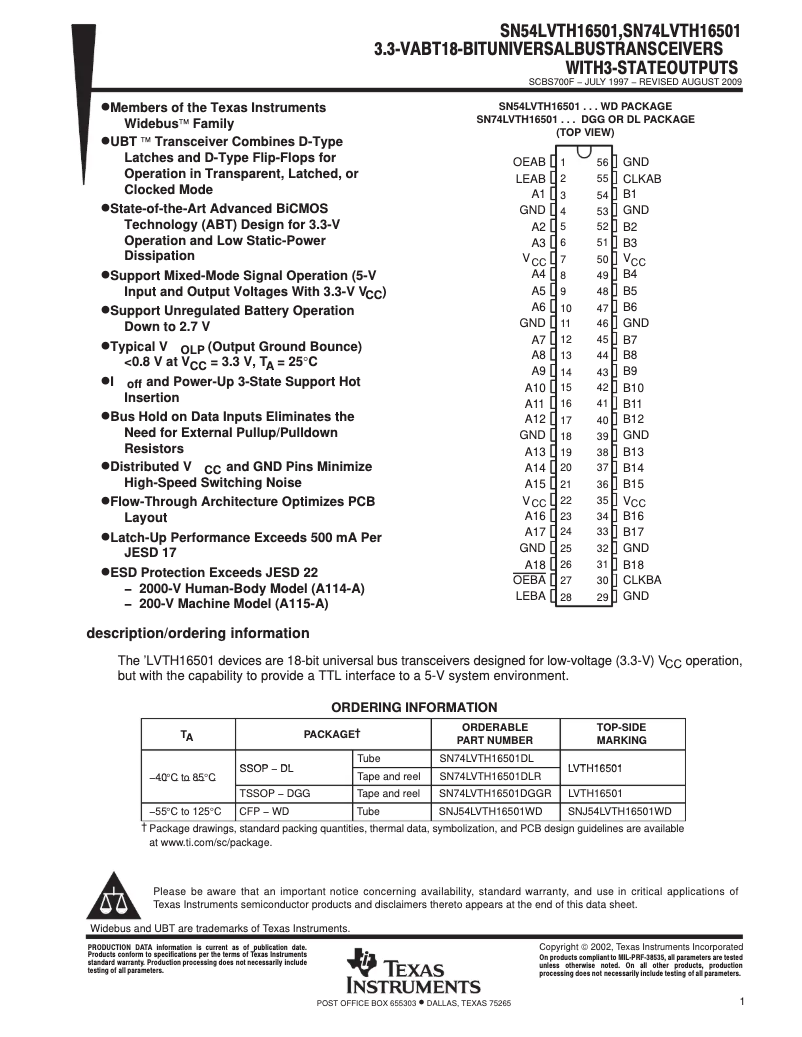 Page 1 de la notice Manuel utilisateur Texas Instruments SN74LVTH16501DL
