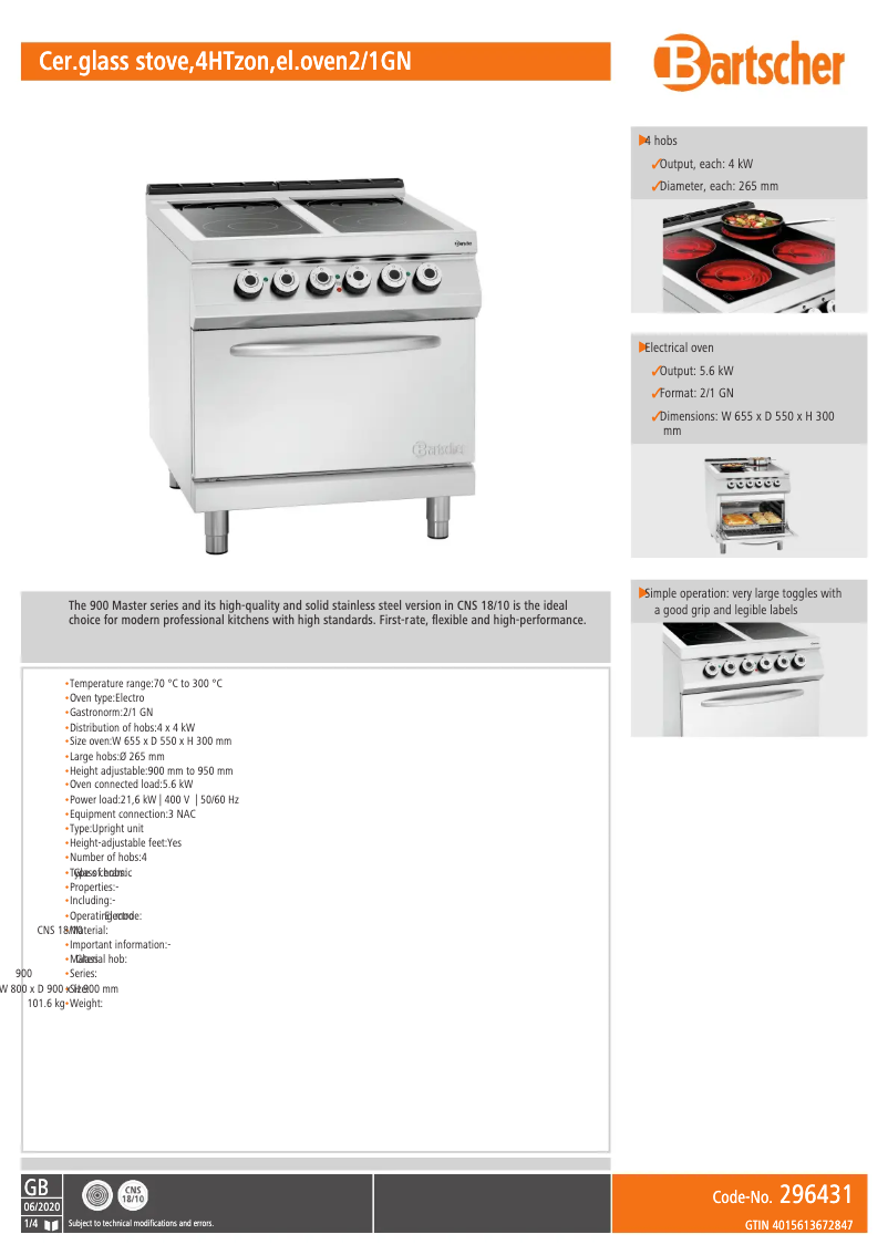 Page n°1 - Fiche technique Bartscher 296431