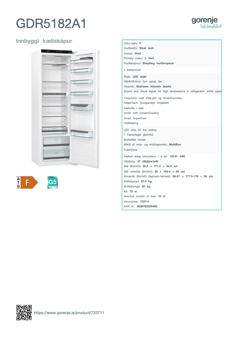 Page n°1 - Fiche technique Gorenje GDR5182A1
