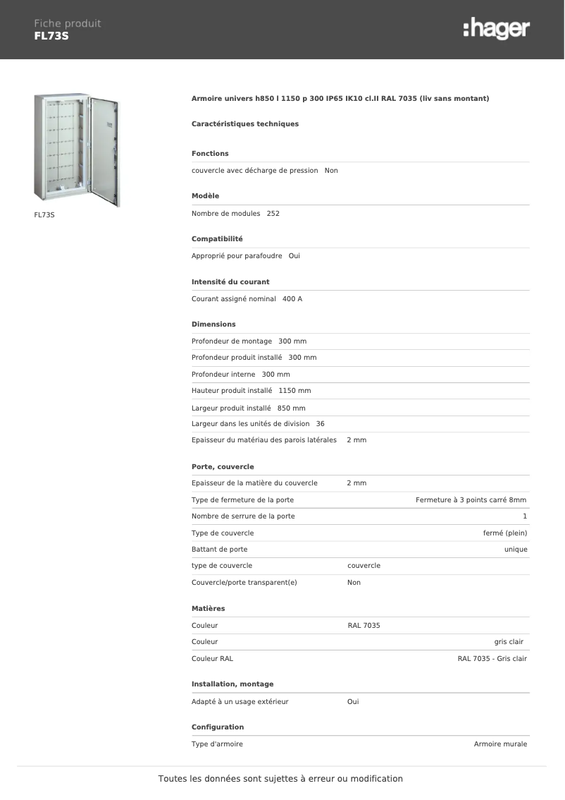 Page 1 de la notice Fiche technique Hager FL73S