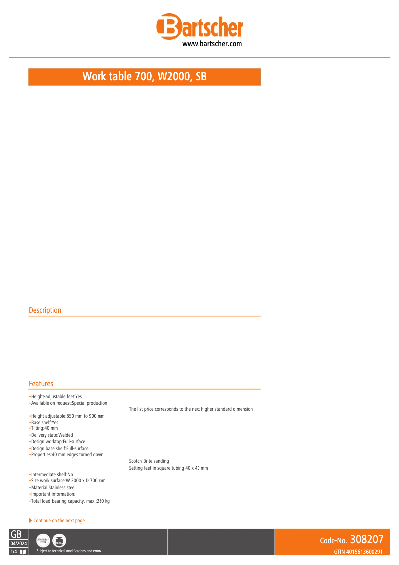 Page 1 de la notice Fiche technique Bartscher 348207