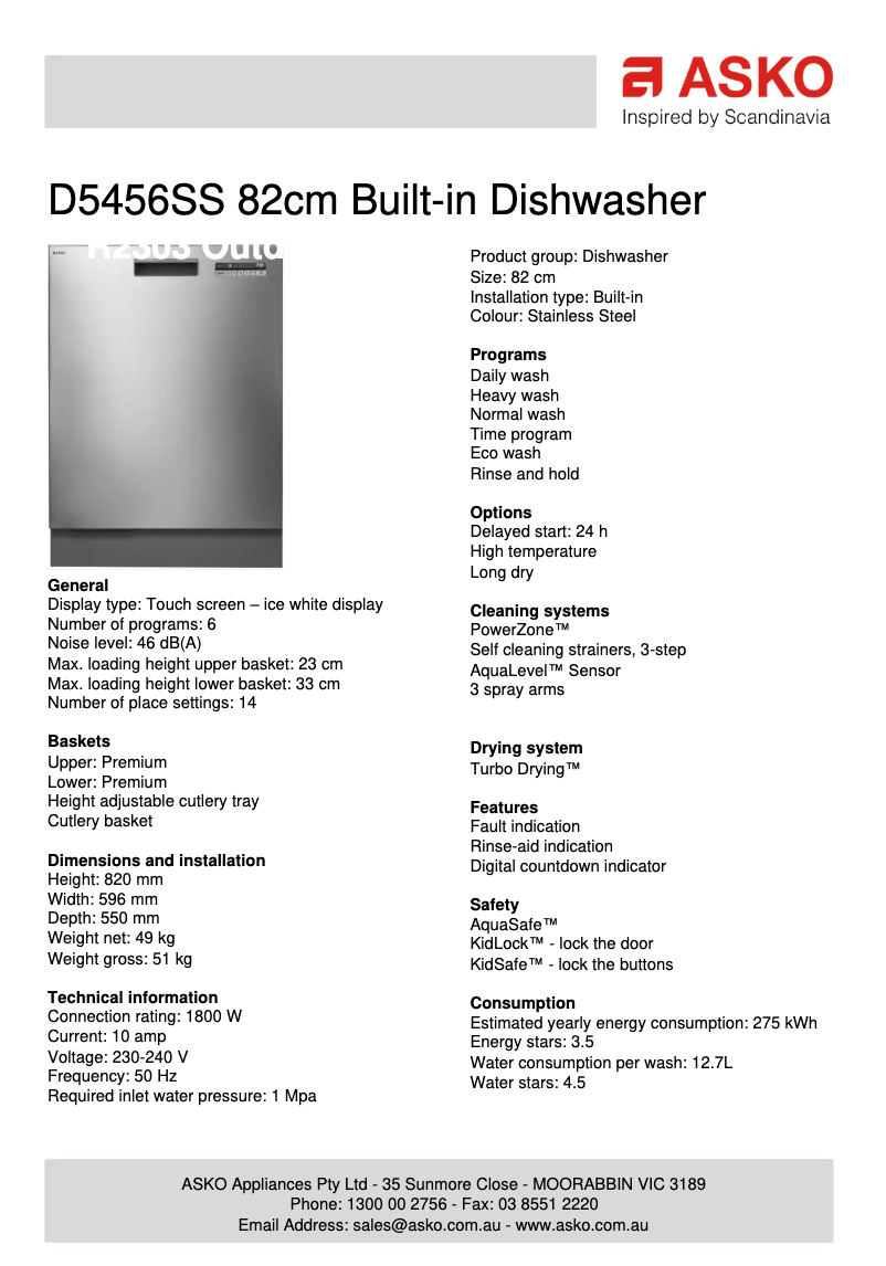 Page 1 de la notice Fiche technique Asko D5456SS