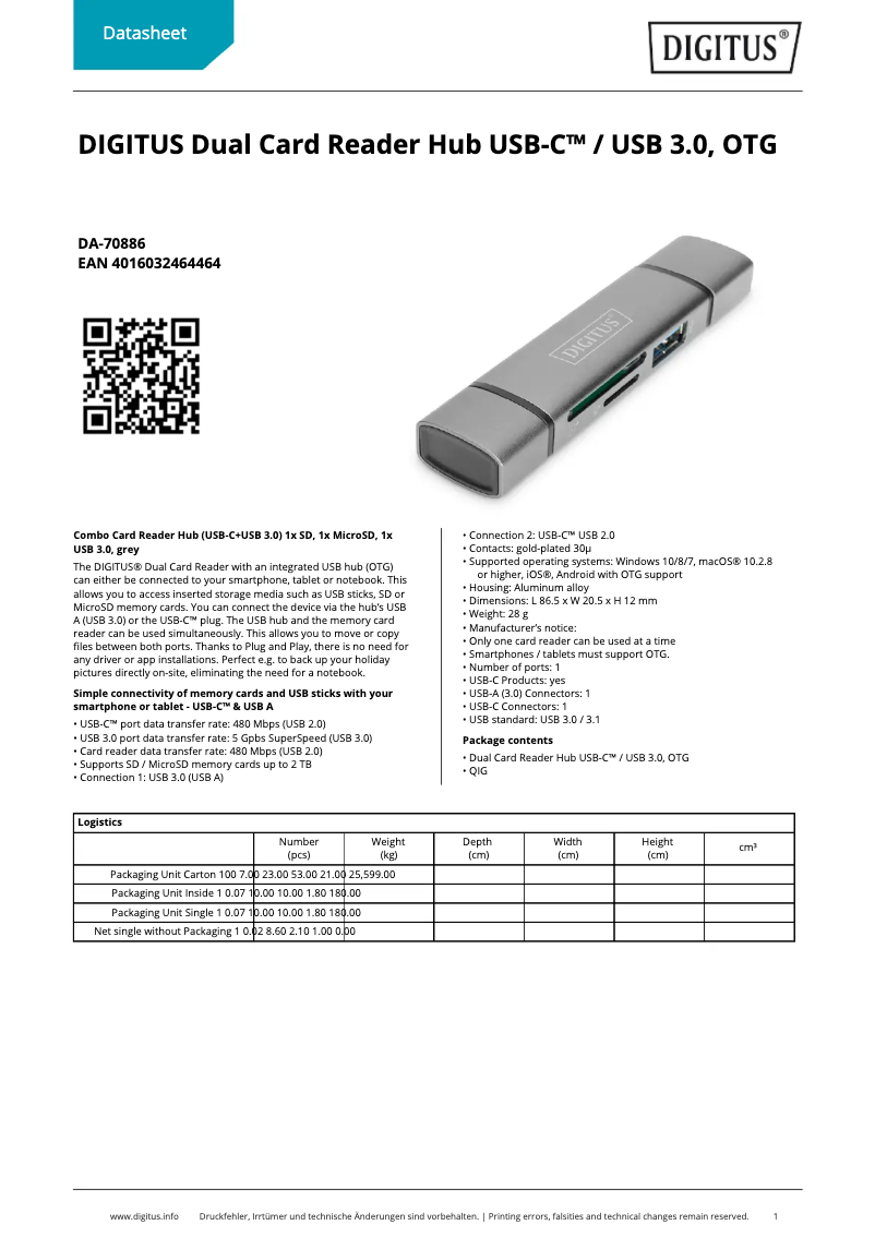 Page 1 de la notice Fiche technique Digitus DA-70886