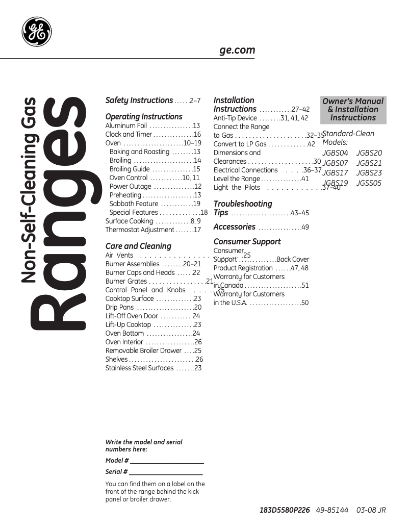 First page image of the manual for JGBS20DEMBB
