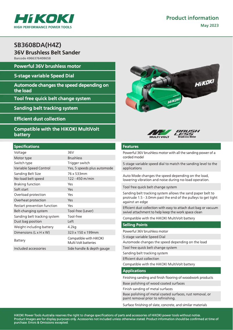 Page 1 de la notice Fiche technique HiKOKI SB 3608DA