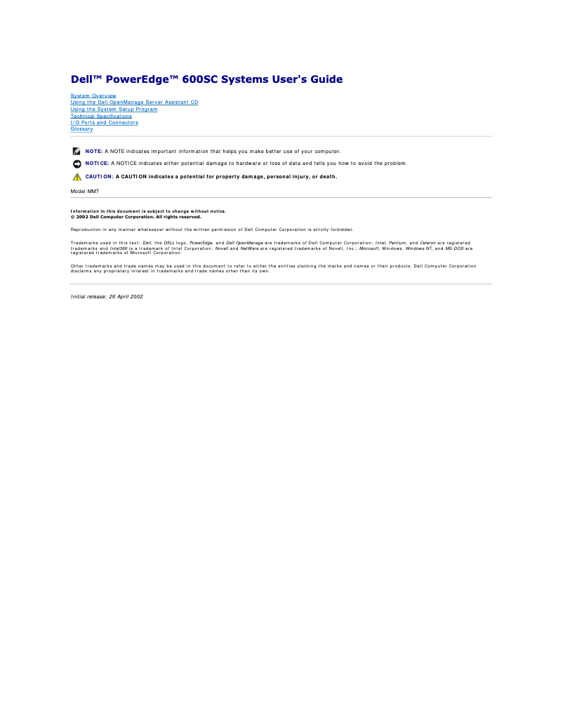 Page 1 de la notice Manuel utilisateur Dell PowerEdge 600SC