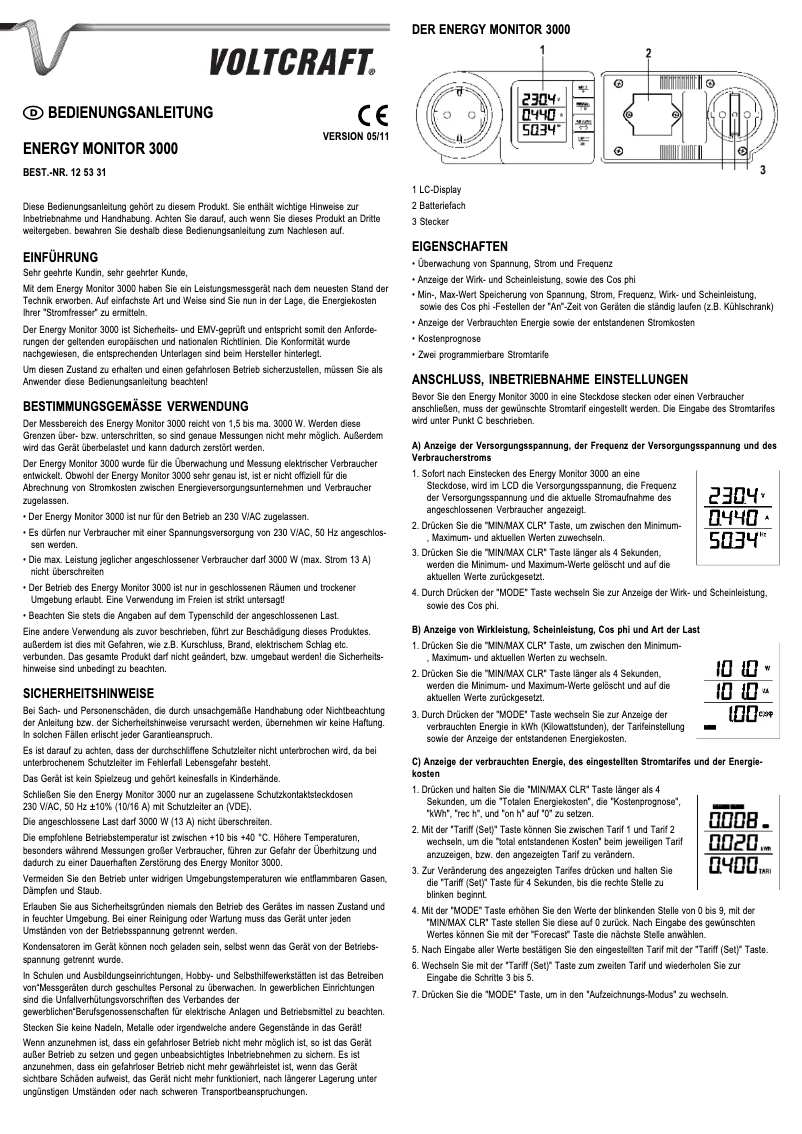 Page n°1 - Manuel utilisateur Voltcraft Energy Monitor 3000