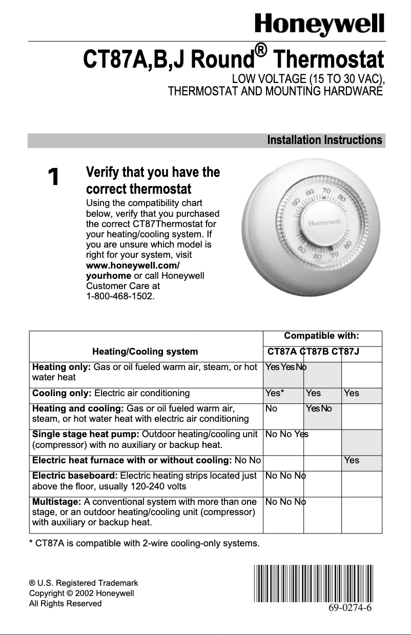 Page n°1 - Manuel utilisateur Honeywell YCT87K1003