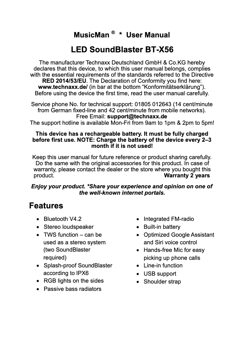 Page n°1 - Manuel utilisateur Technaxx LED SoundBlaster BT-X56