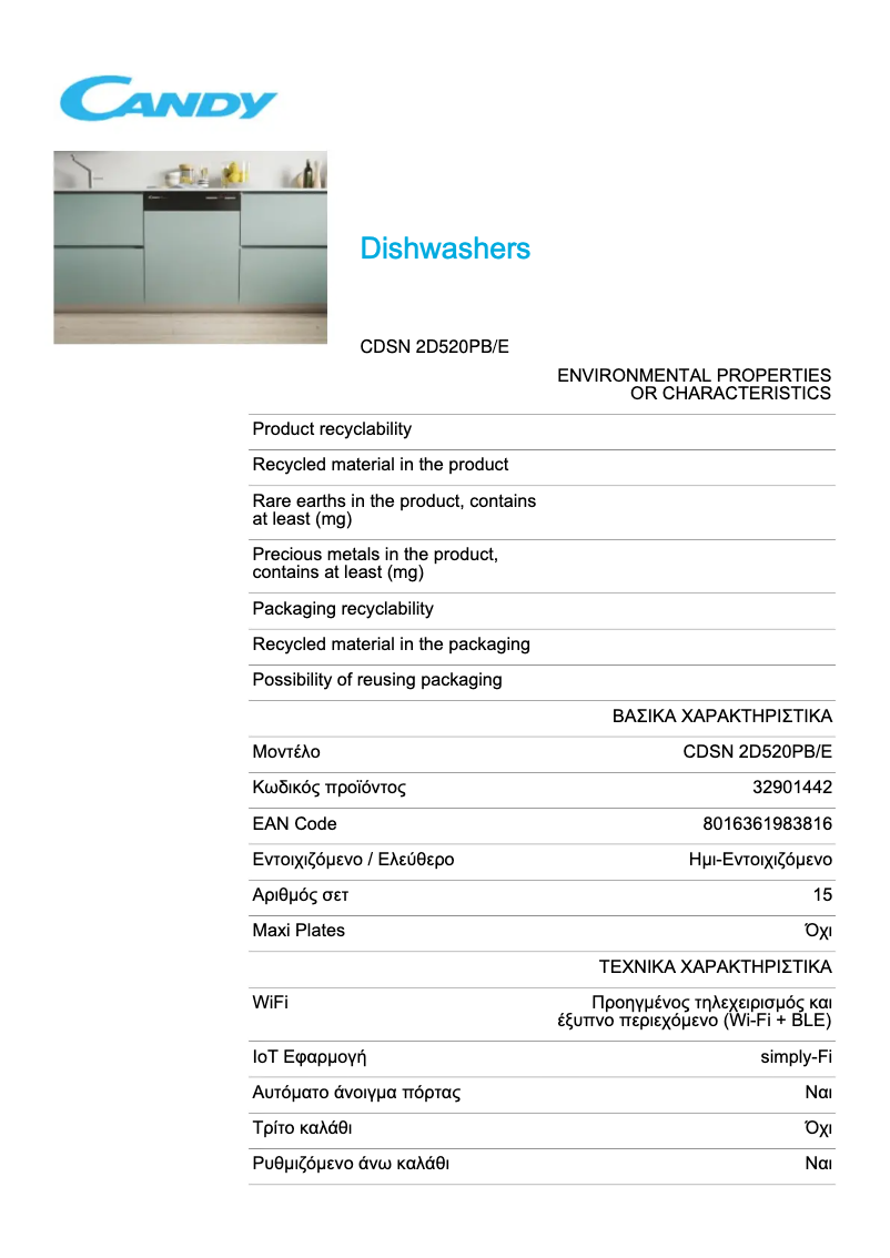Page 1 de la notice Fiche technique Candy CDSN 2D520PB